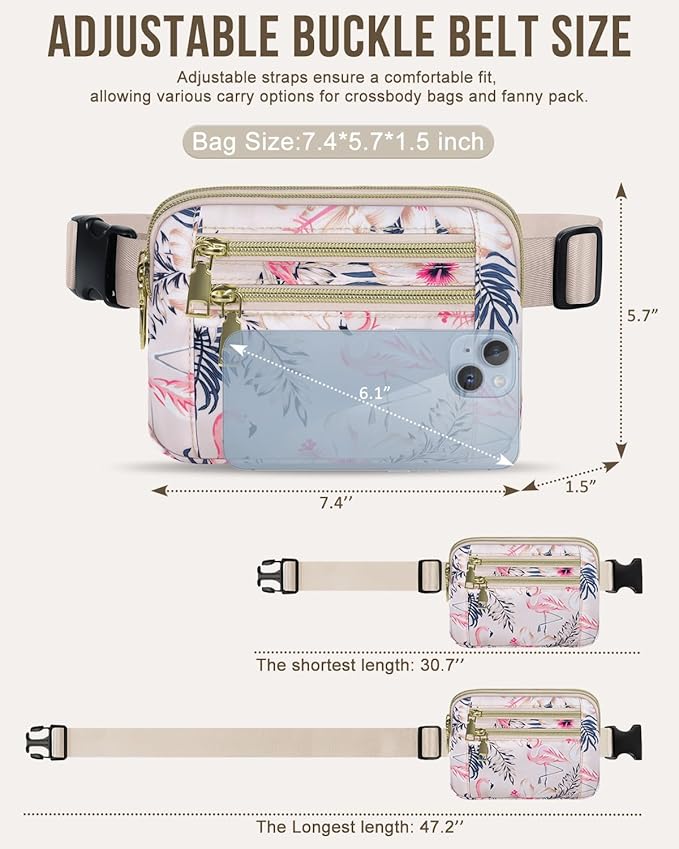 Capolo Fanny Packs for Women Fashion Waist Packs Bag with Adjustable Strap and 4 Zipper Pockets Waterproof Everywhere Crossbody Belt Bag for Workout Running Travelling(Flamingo)