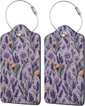 2 Pack Luggage Tags for Suitcases, PU Leather Bag Tag with Privacy Cover Address Card Travel Essentials-Purple Lavender Flower