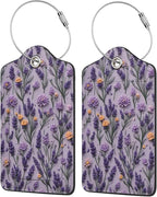 2 Pack Luggage Tags for Suitcases, PU Leather Bag Tag with Privacy Cover Address Card Travel Essentials-Purple Lavender Flower