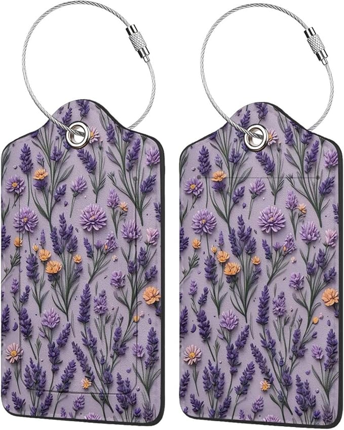 2 Pack Luggage Tags for Suitcases, PU Leather Bag Tag with Privacy Cover Address Card Travel Essentials-Purple Lavender Flower
