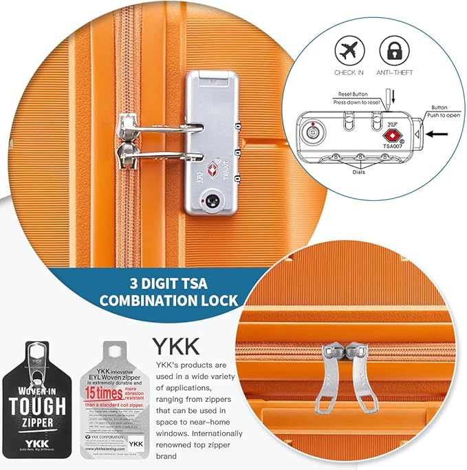 Somago Luggage Sets 3 Piece Hard Shell Polypropylene Suitcase with TSA Lock Spinner Carry On Luggage with Beauty Case Travel Set,Sunset Orange