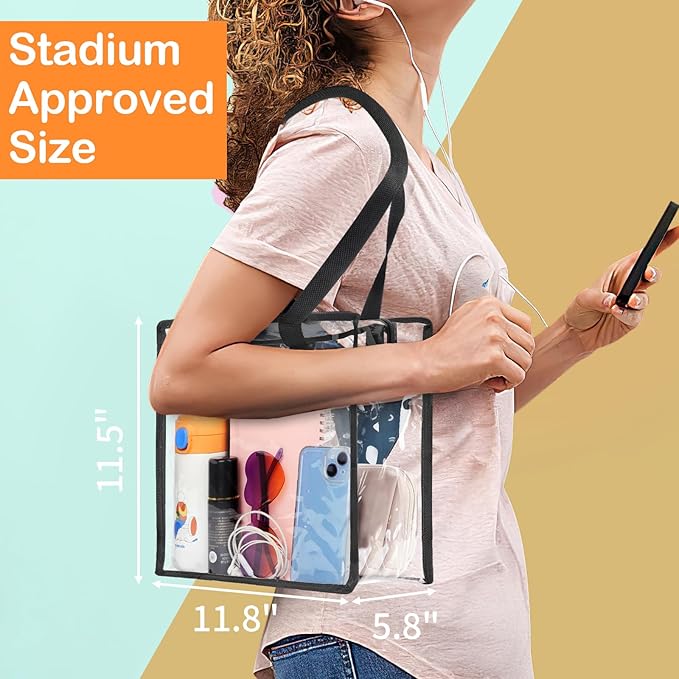 Hoiny Clear Bag for Stadium Events Approved, 12x6x12 Large Transparent Tote Bag with Zipper for Gym Concert Sports Festivals
