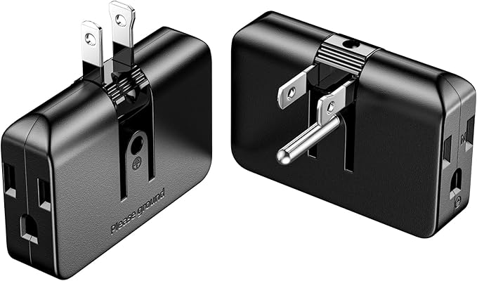 ETwinCoo Black 2-Prong to 3-Prong Adapter, Swivel Polarized Grounding Converter with Flat Wall Plug, Fireproof 3-Outlet for Household Use (2 Pack)