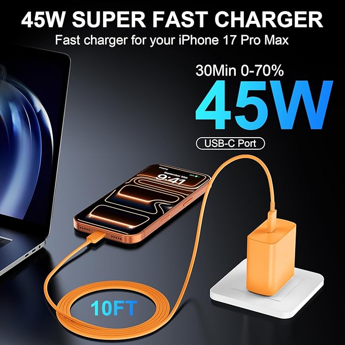 iPhone 17 16 Pro Max Charger Fast Charging, 45W USB C iPhone 17 16 Super Fast Charger Block with 10ft Long Type C Charging Cable Cord for iPhone 17 Pro Max/17 Pro/17 Air/17/16/16Pro-Cosmic Orange