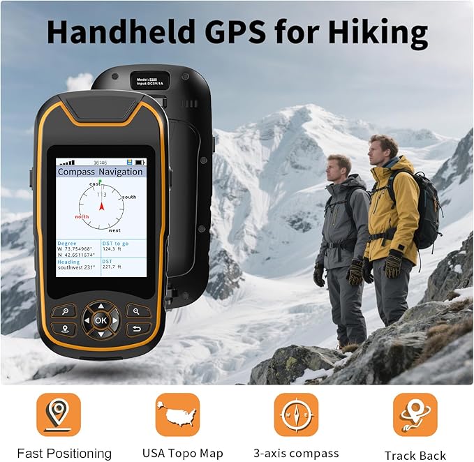 Handheld GPS for Hiking, Rugged and Waterproof Handheld GPS Navigator, 3.2" Sunlight Readable Screen, Compact Satellite Handheld GPS with USA Topo Map, Multi-GNSS Support, Extra Battery Life