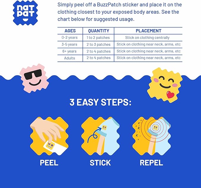 NATPAT BuzzPatch Mosquito Patch Stickers for Kids - All Natural, Plant Based Ingredients, Non-Toxic, DEET Free, Citronella Insect Patches, for Toddlers, Babies, Children (2 Pack, 96 Units)