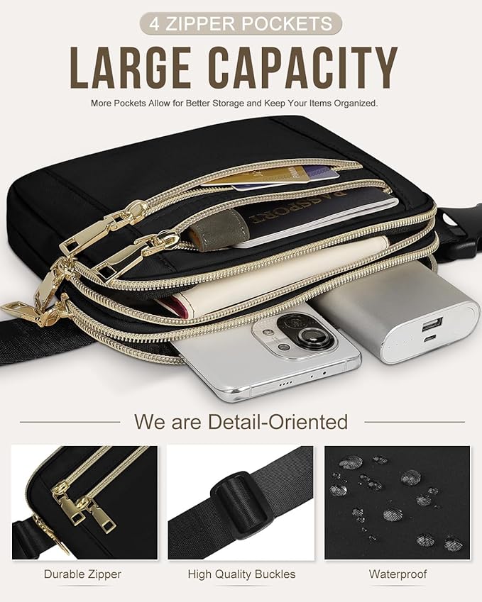 Capolo Fanny Packs for Women Fashion Waist Packs Bag with Adjustable Strap and 4 Zipper Pockets Waterproof Everywhere Crossbody Belt Bag for Workout Running Travelling(Black)