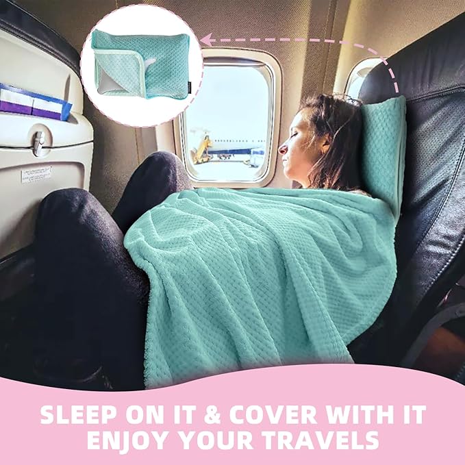 3 in 1 Travel Blanket Pillow Set - 350 GSM Thick Travel Blanket Airplane Compact with Bag, Soft Bag with a Pocket, Inflatable Travel Pillow for Camping & Car Trip(Mint Green)