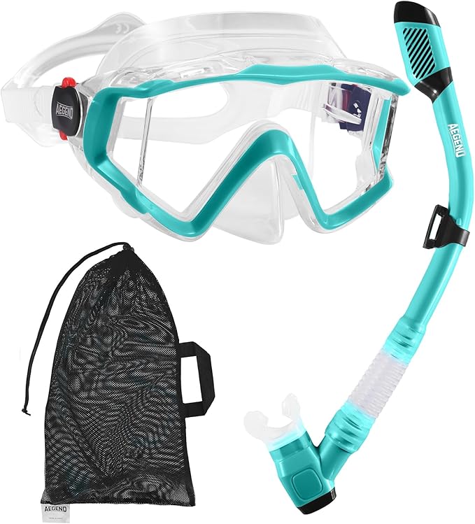 Aegend Snorkeling Gear for Adults Youth Kids, Snorkel Mask with Top Dry Valve - Panoramic View Anti-Leak and Anti-Fog with Mesh Bag for Snorkeling, Scuba Diving, Freediving & Swimming