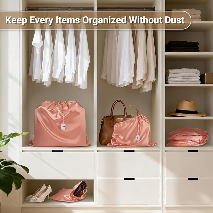 Ewen Small Medium Large Satin Drawstring Bags with Blank Tags, 3pcs Dustproof Packing Bag Travel Essentials Organizer, Pink Orange Dustbags for Handbags Closet Storage Jewelry Shoes Purse Organization