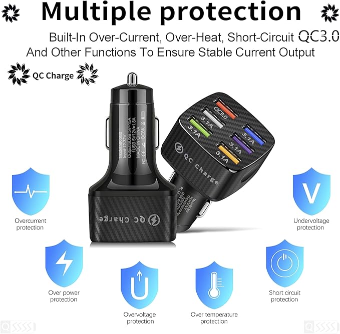 Amiss Car Charger Adapter, 6 USB Multi Port, Fast Charger, Include QC 3.0 and 5 Other Ports, Car Interior Accessories, Fit for iPhone 13/12/11/pro, Samsung Galaxy/Note S10/S9/S8, Android - Black