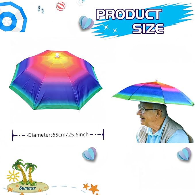 3 Pack Umbrella Hat, Sports Head Umbrella Hats for Adult Women, 26" Diameter Folding Waterproof Rainbow Fishing Headwear for Outdoor Party Beach Hiking