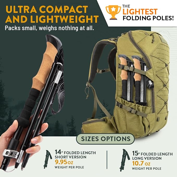 Premium Foldable Hiking Poles by USA Brand - Adjustable, Lightweight Trekking Poles Made of Aircraft Aluminum, Metal Locks Cork EVA Grips