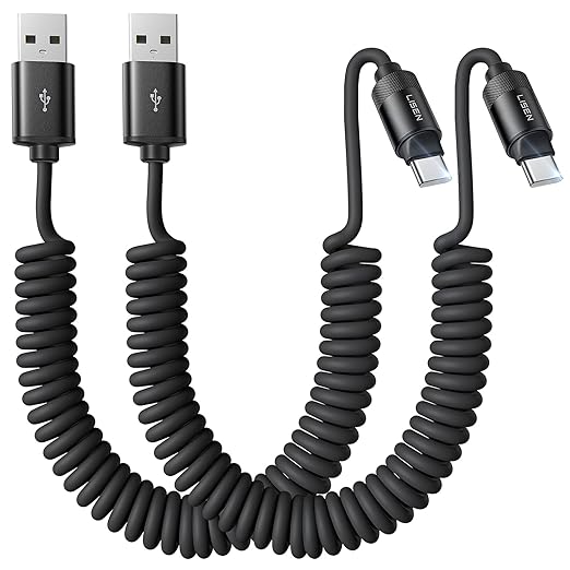 LISEN Coiled USB C Cable, 2 Pack for Android Auto & CarPlay Cable, Short USB A to USB C Cable Compatible with iPhone 17/16/15, Samsung Galaxy S25/S24/S23 A15/A14, Google Pixel 9/8, Space Black 6FT