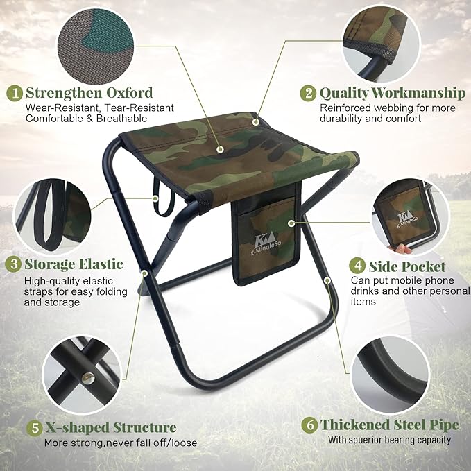 Upgraded Portable Folding Stool, 13 Inch Camping Stool for Adults Fishing Hiking Gardening and Beach with Carry Bag, Hold Up to 450lbs[Camo]