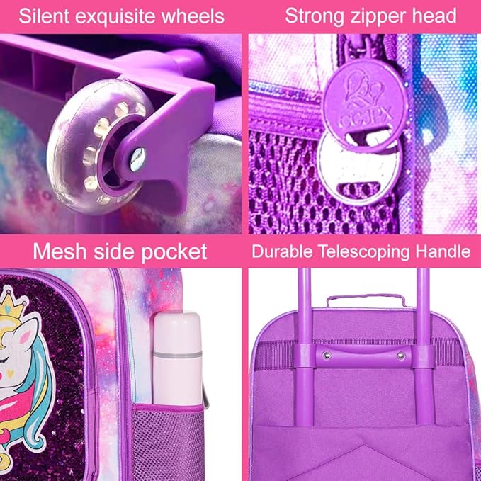 2PCS Girls Suitcase Set, 18" Kids Unicorn Carry on Luggage with Wheels, Cute Sequin Children Travel Rolling with 12" Toddler Backpack(Purple)