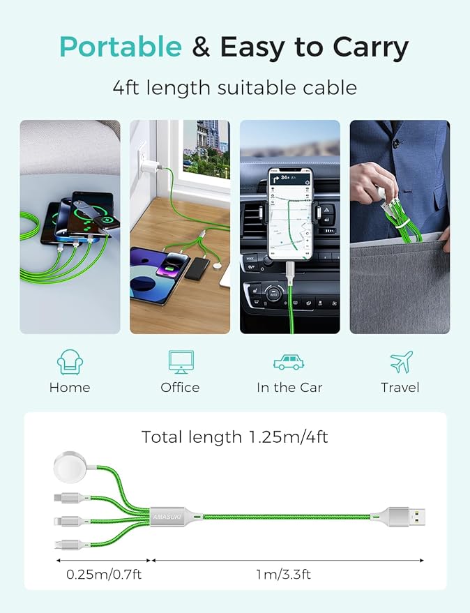 Amasuki Travel Essentials,4 in 1 for Apple Watch Charger/iPhone Charger/Multi Charging Cable,Vacation RV Camping Essentials,USB C/L/Micro Portable Charger for iWatch 11-1/iPhone 17-12,Car&Gift-Green
