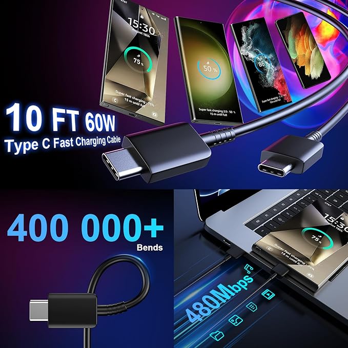 Type C Charger Fast Charging 10FT Cord 25W Samsung Super Fast Charger Android Phone Charger Block for Samsung Galaxy S26/S26+/S26 Ultra/S25/S25 Ultra/S25+/S24/S23/S22/S21/S20/Note 20/Note 10, Black
