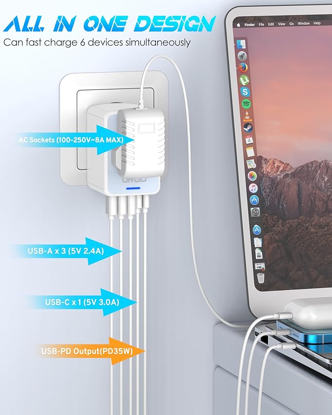 35W PD Universal Travel Adapter with 5 USB Ports + 2500W AC Outlet, Portable International Travel Adapter for Europe 200+ Countries, Compact Travel Charger for Cruise Vacation Business Trip