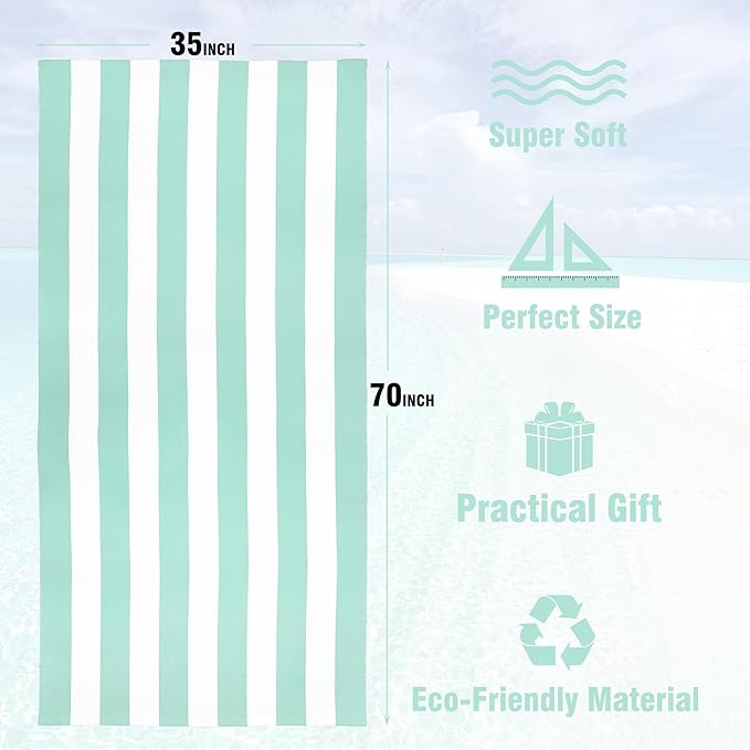 HENBAY Large Oversized Beach Towel - 35 x 70 Inch Microfiber Pool Towel, Aqua Striped Quick Dry Cabana Swim Towel