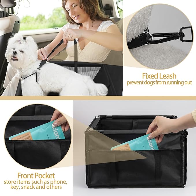 Dog Car Seat Foldable Dog Car Booster Seat Waterproof Breathable Oxford Travel Bag for Small to Medium Dogs, Puppies, and Pets-Pure Black-Upgrade