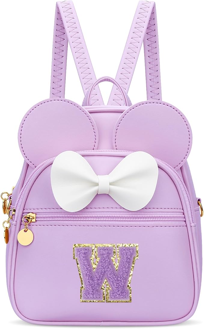 KKXIU Girls Initial Bowknot Cute Mini Backpack for Toddler, Travel Small Girl Backpacks, Personalized Birthday Gifts for Little Girls and Kids(W, Purple)