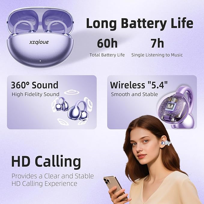 Jewelry-Inspired Clip On Earbuds,Comfortable Fit Open Ear Clip-On Headphones,Wireless Bluetooth Ear Cuff Headphones for Women,Earrings Earbuds for Running,Office,Sport&Gift (Butterfly - Purple)
