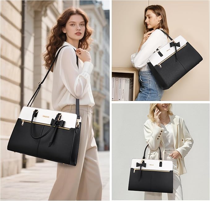 MOSISO Laptop Tote Bag for Women, 15.6 inch Waterproof PU Leather Work Bag with Clutch Purse & Bowknot, Large Capacity Handbag Shoulder Computer Bags Work Briefcase for Business Teacher Office, Black