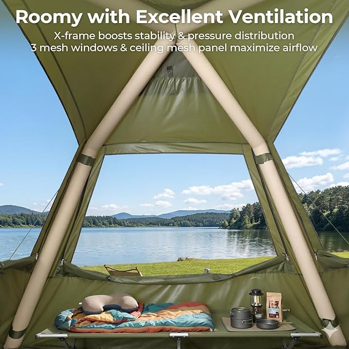 VINGLI Inflatable Camping Tent, All-Weather Inflatable Hot Tents with Stove Jack, Blow Up Tent for Camping with Mesh Doors & Windows, Inflatable Air Tents for Camping Adult