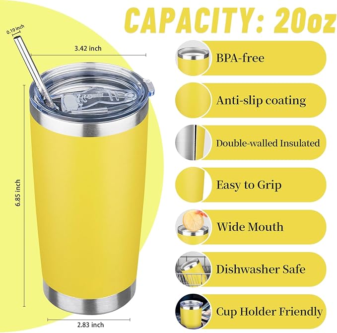 20 oz Tumbler with Lids and Straws, Stainless Steel Insulated Travel Coffee Mug, Double Wall Vacuum Insulated Tumblers, Powder Coated Coffee Tumbler for Cold & Hot Drinks (Yellow, 4 Pack)