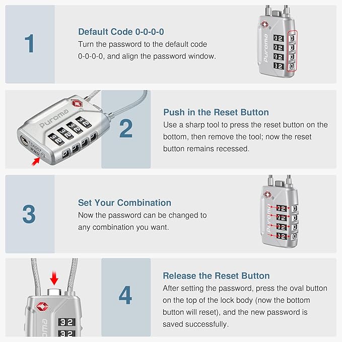 Puroma TSA Approved Luggage Lock, Multicolor 4 Digit Combination Travel Cable Locks Resettable Code Lock with Zinc Alloy Body for Suitcase, Backpack, Bag, Gym Locker (Black,Blue,Silver,Red-Violet)