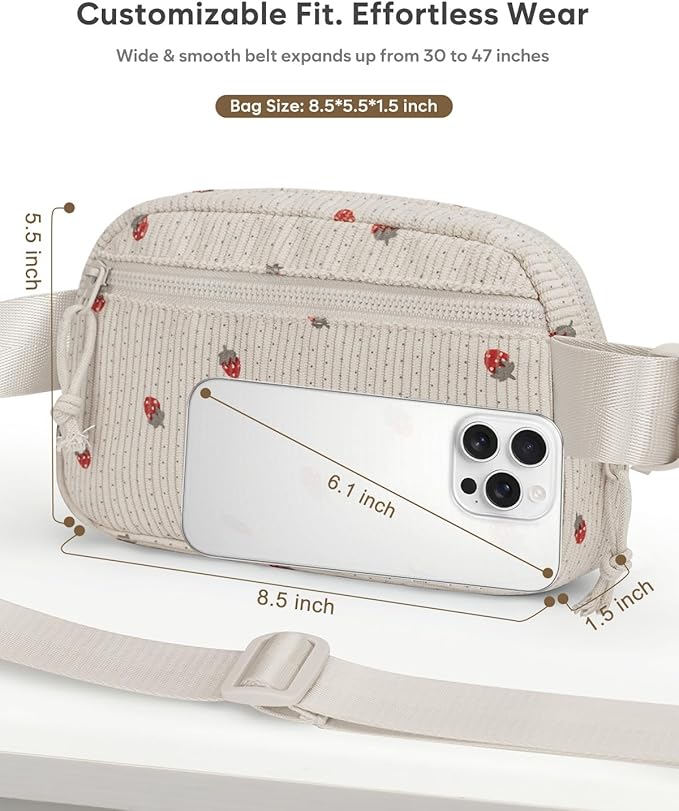 Pritent Fanny Packs for Women Cross Body Bag Waterproof Belt Bag with Adjustable Strap and Zipper Back Pocket Small Crossbody Bags Fashion Waist Packs for Workout Travelling(Strawberry Beige)