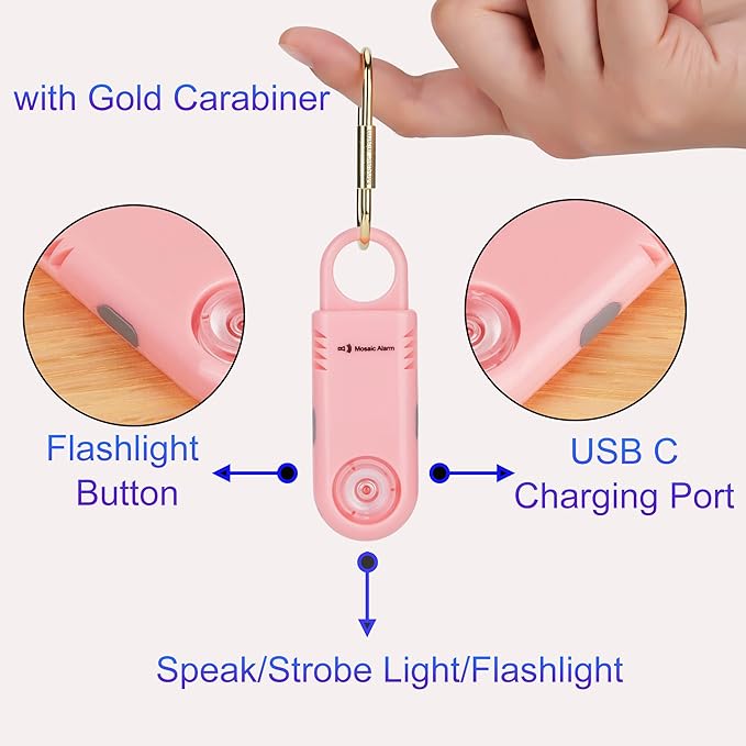 135dB Rechargeable Personal Safety Alarm Built-in Ultra-Bright Flashlight Non Slip Grip Keychain Emergency SOS Siren for Women, Students, Night Runner. Loud Sound Hiking Bear Alerts with Hook. Pink