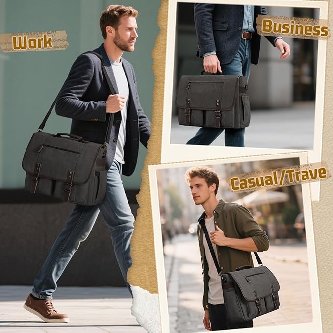 RAINSMORE Mens Messenger Bag 17-17.3 Inch Vintage Canvas Briefcase Water-resistant Large Computer Laptop Bag Rugged Satchel Shoulder Bag for Work Travel, Bookbag for College