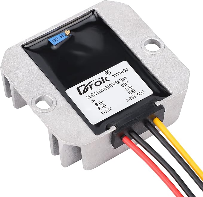 DROK Adjustable Voltage Regulator, IP68 Waterproof DC to DC Buck Converter 8-35V to 3-24V 5A, Aluminum Protective Case Step Down Converter 5V 12V Power Supply