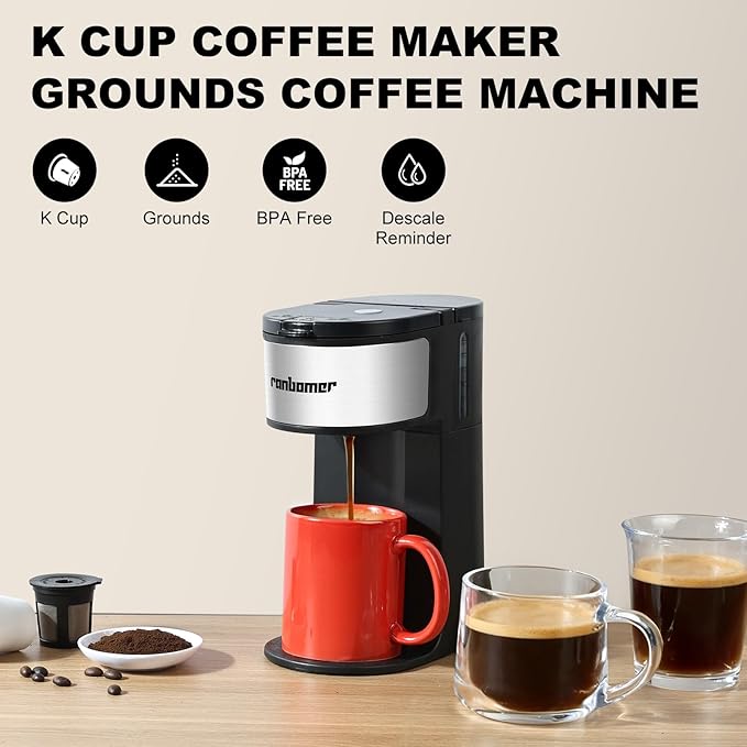 Ranbomer K Cup Coffee Maker, Single Serve coffee machine or Ground Coffee Machine 2 in 1, 6 to 14 Oz Brew Sizes, Mini One Cup Coffee Maker with Self cleaning Function, Fits Travel Mug Black