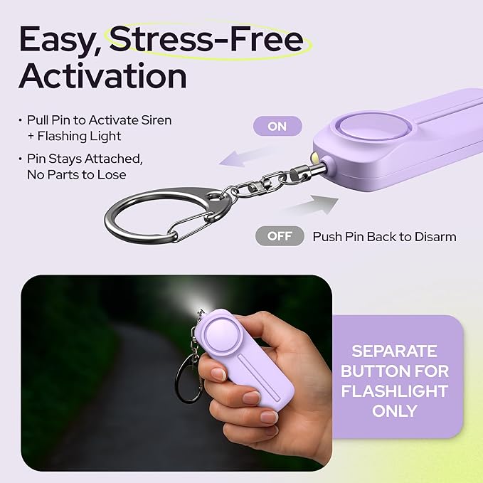 Weten Personal Safety Alarm Keychain - 130dB Siren, LED Light, Panic Pin – Compact Self-Defense Device and Emergency Whistle Alternative for Women, College, Travel, and Night Walk Protection (Purple)