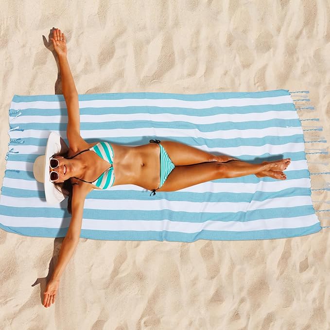 Set of 6 Turkish Beach Towel, Cotton Beach Towels, 36 x 71 Inches Turkish Towel, Sand Free, Quick Dry, Lightweight Beach Towels for Adult Blue