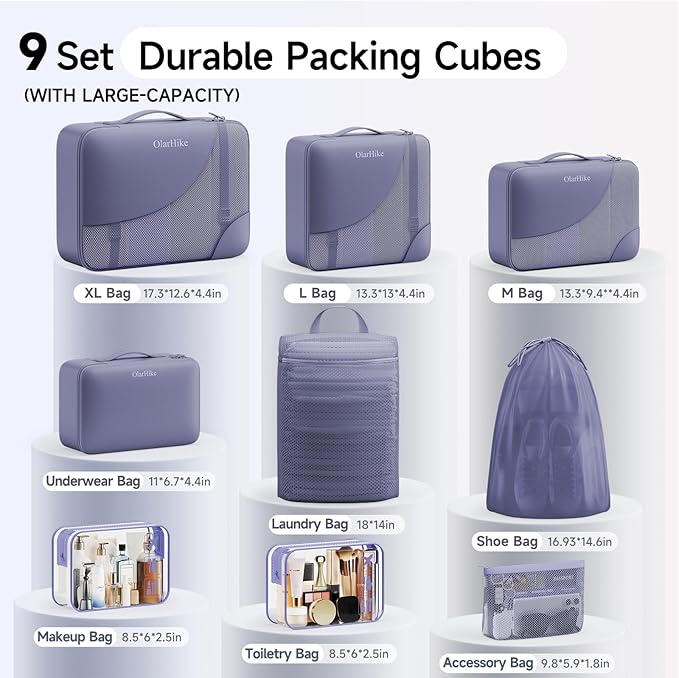 9 Set Packing Cubes for Travel, Gifts for Women Mom,Anti-Tearing Suitcase Organizer,OlarHike Vacation Essentials & Accessories for Cruise Ship
