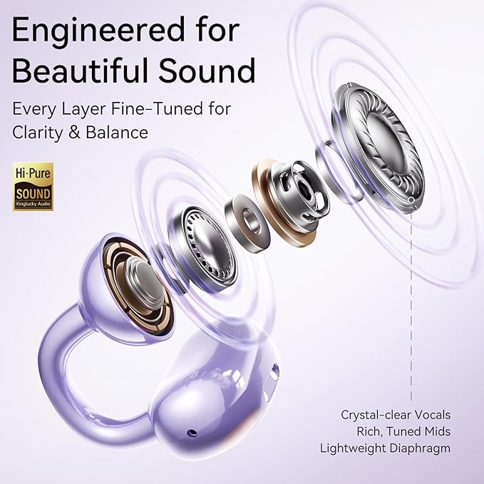 Kinglucky Jewelry-Inspired Clip-On Earbuds with Diamond Earrings, Comfortable Fit & 40H Playtime Open Ear Bluetooth 5.4 Wireless Headphones for Women, Small Ears, Sports & Workouts (Purple)