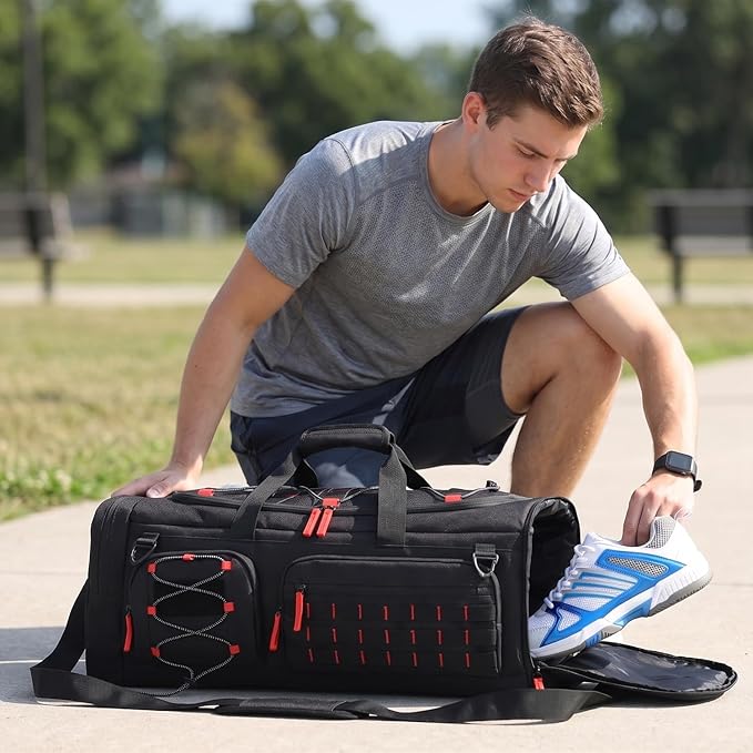 Gym Bag for Men and Women, 50L Extra Large Duffle Bag, 3-in-1 Travel Sports Duffel Bags with Shoe & Laptop Compartment for Overnight Weekender Gym Traveling Workout Deployment, Black+Red