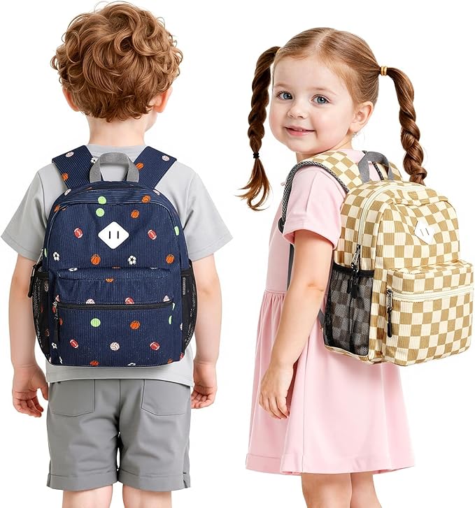 STEAMEDBUN Corduroy Toddler Backpack for Girls Boys 2-4, Kids Preschool Backpack for Kindergarten - Checkered