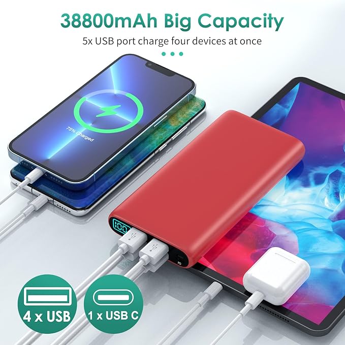 Portable Charger 38800mAh Power Bank with 5 Outputs & 2 Inputs,PD USB C In&Out Fast Phone Charging External Battery Pack Backup,Travel Essential Outdoor for iPhone 17/16/15,Android Samsung Galaxy-Red