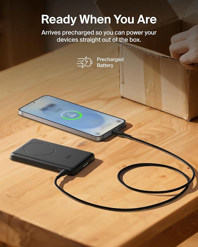 Belkin MagSafe Power Bank 5,000mAh, Ultra-Slim Portable Charger Magnetic Back Supports MagSafe Accessories On-The-Go, Wireless Battery Pack w/USB C Cable for iPhone 17, Pixel 10, Travel - Black