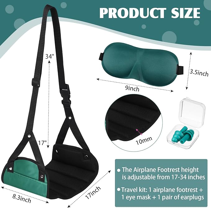 Yerliker Airplane Foot Hammock(Memory Foam) with Earplugs and Eye Mask Travel Necessities Adjustable Airplane Desk Foot Rest for Long Trip Pain and Swelling Relief(Green)