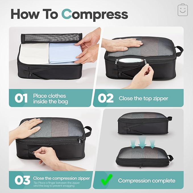 Veken 9/11 Set Compression Packing Cubes for Travel Essentials,Compressible Expandable Large Luggage Suitcase Organizer Bags for Clothing,Durable Space Saver Storage Bags with Toiletry Bags(Black)