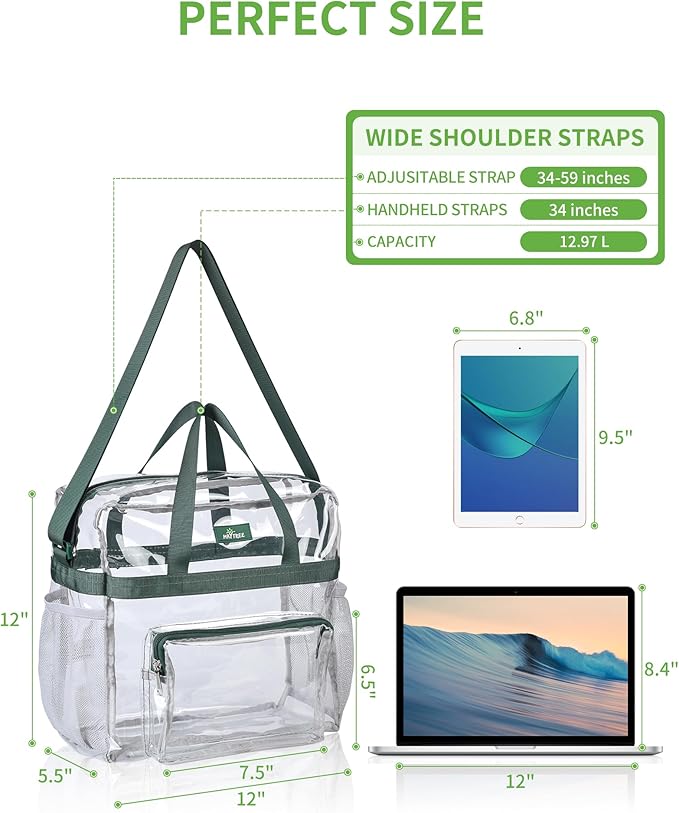 MAY TREE Clear Bag for Stadium Events 12×6×12 Clear Tote Lunch Bag with Reinforced Straps for Work, Sporting Events and Gym, Green