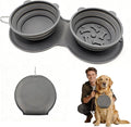 2-in-1 Collapsible Dog Bowl for Travel, Portable Dog Water Bowl with Carabiner Clip, Foldable Silicone Food Dish for Pets Outdoor Hiking Camping Walks (Gray)