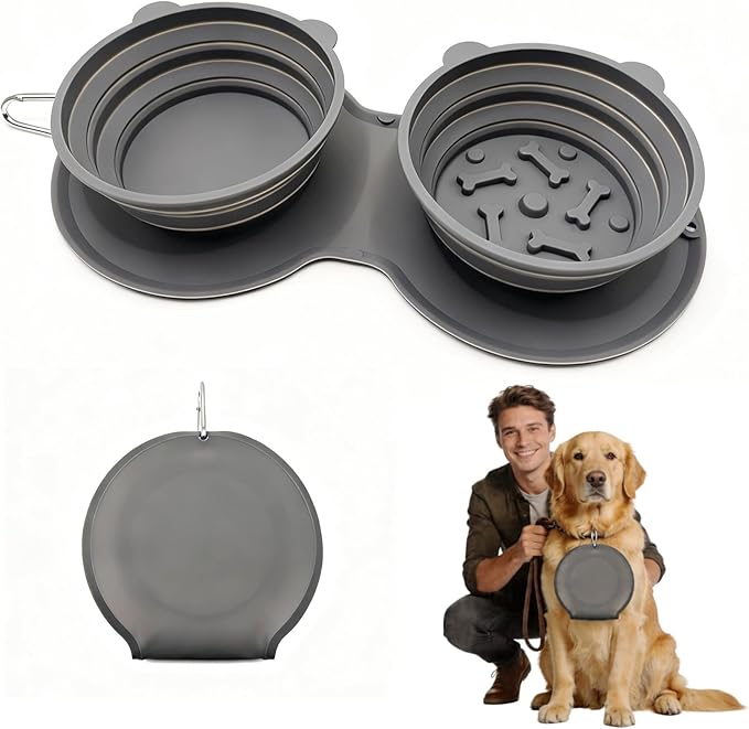 2-in-1 Collapsible Dog Bowl for Travel, Portable Dog Water Bowl with Carabiner Clip, Foldable Silicone Food Dish for Pets Outdoor Hiking Camping Walks (Gray)