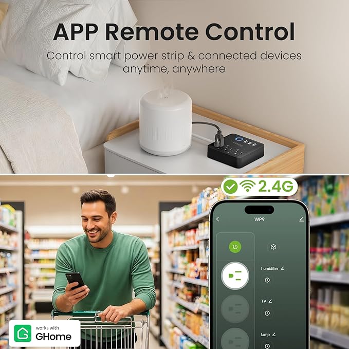 GHome Smart Power Strip with 3 WiFi Outlets & 3 USB, Alexa & Google Home Compatible, ETL Listed Surge Protector Power Strip, App & Timer Control, Ideal for Lamps, Coffee Makers & Office (2.4GHz Only)